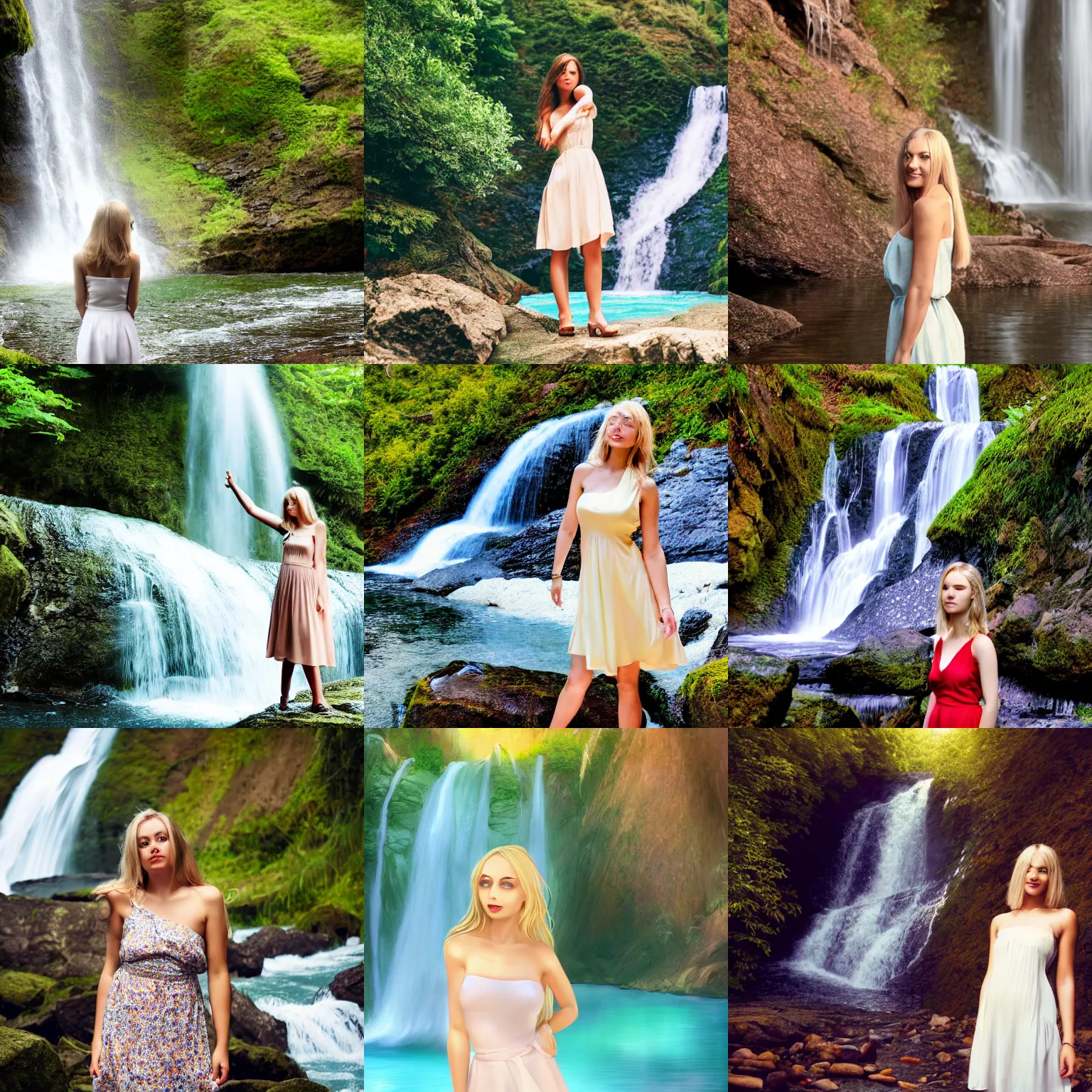 Prompt: beautiful woman in her late 20s wearing a summer dress, light blonde shoulder-length hair, standing near a waterfall, 4k, digital art, wallpaper