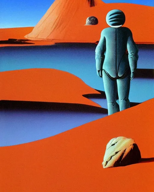 Image similar to roger dean 1 9 8 0 s art of a lone man walking in the dry desert of a strange bizarre alien planet surface lakes reflective clear blue water, rainbow in sky, imagery, illustration art, album art