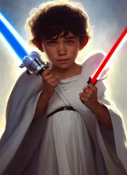 Image similar to perfectly - centered - portrait of a kid wearing white cloak holding light saber, intricate, highly detailed, digital painting, artstation, concept art, smooth, sharp focus, illustration, unreal engine 5, 8 k, art by artgerm and greg rutkowski and alphonse mucha