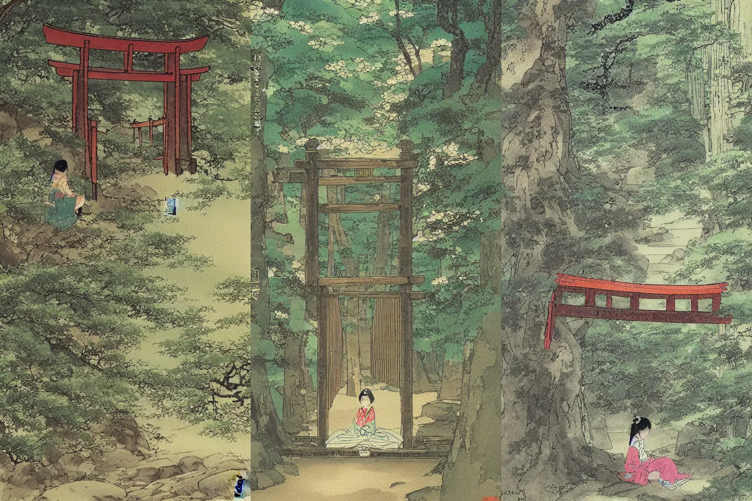 Prompt: Beautiful atmosphere painting by Hiroshi Yoshida of a girl sat on a Tori gate in an ancient Japanese forest, highly detailed