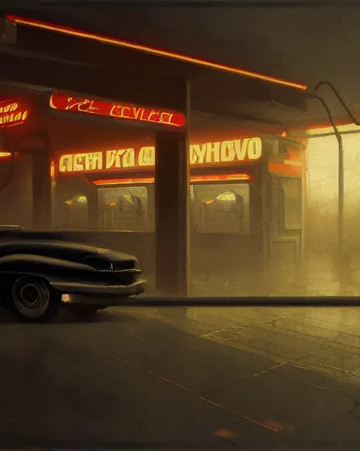 Prompt: a highly detailed epic cinematic concept art CG render digital painting artwork: Soviet gas station, fog, neon. By Greg Rutkowski, in the style of Francis Bacon and Syd Mead and Norman Rockwell and Beksinski, open ceiling, highly detailed, painted by Francis Bacon and Edward Hopper, painted by James Gilleard, surrealism, airbrush, Ilya Kuvshinov, WLOP, Stanley Artgerm, very coherent, triadic color scheme, art by Takato Yamamoto and James Jean