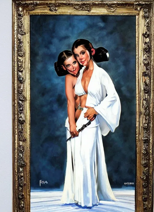 Prompt: oil painting of Princess Leia white ceremony gown by frank frazetta alluring pin up deviant art