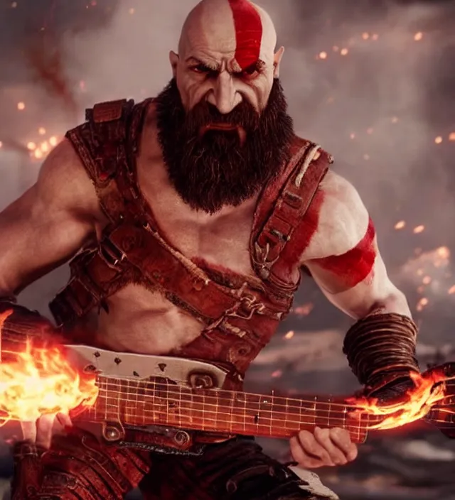 Prompt: kratos shredding on a flaming stratocaster guitar guitar, cinematic render, god of war 2 0 1 8, santa monica studio official media, lightning, stripe over eye, hands