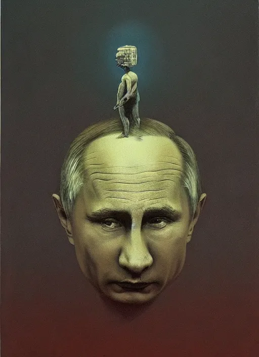 Image similar to Painting in a style of Beksinski featuring Vladimir Putin