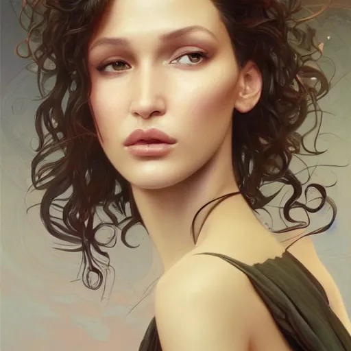 Image similar to ultra realistic illustration, bella hadid with a curly english mustache, intricate, elegant, highly detailed, digital painting, artstation, concept art, smooth, sharp focus, illustration, art by artgerm and greg rutkowski and alphonse mucha