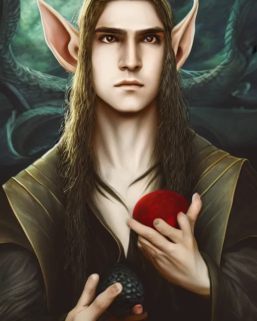 Prompt: portrait of elven teenage boy mage with long black hair holding dragon egg by artgerm modern fantasy 4 k ultra high resolution