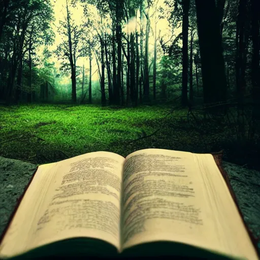 Image similar to book on the ground of the woods, horror, scary, dramatic lighting, shadows, monster