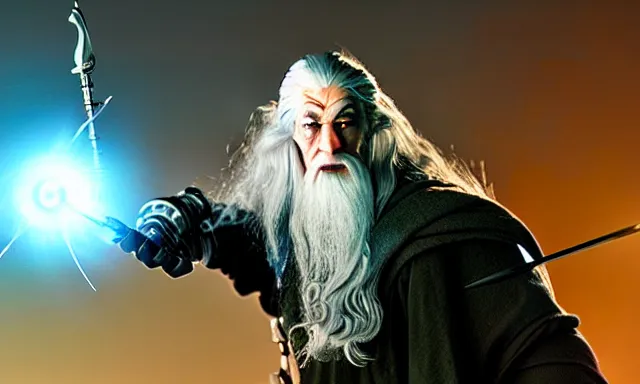 Image similar to cyber - gandalf with cyborg eye lens and robotic arm holding an electronic spear, battling the balrog epic 3 5 mm photograph