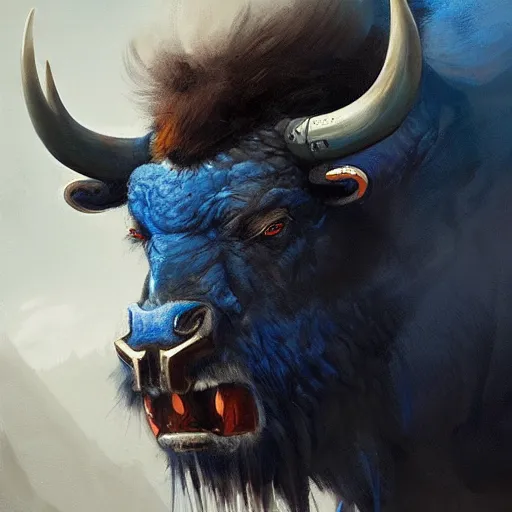 Image similar to angry blue bison portrait by greg rutkowski and frank frazetta, dark fantasy, blue, artstation