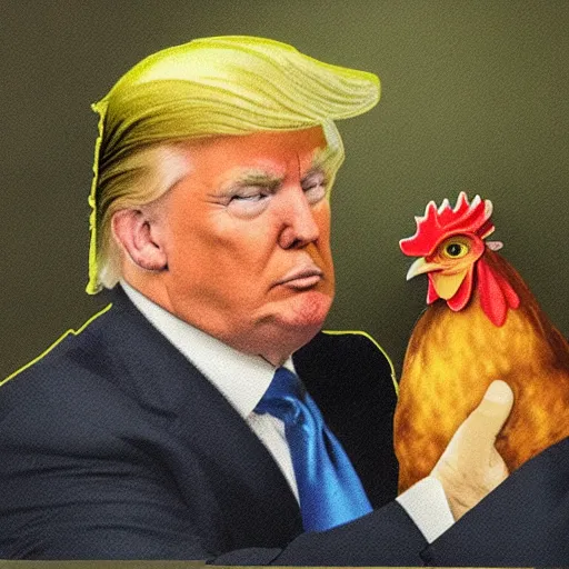 Image similar to donald trump holding a chicken, portrait,