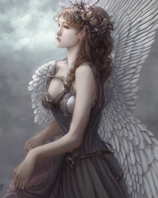 Prompt: an infinitely detailed portrait of a frail and pale female peace angel elegantly. fully - clothed full - body, beautiful! scenery art!! coherent! by wlop & murata, victorian color palette, artstation / pixiv!! highly elegantly armored angel portrait full - body, dreamy art