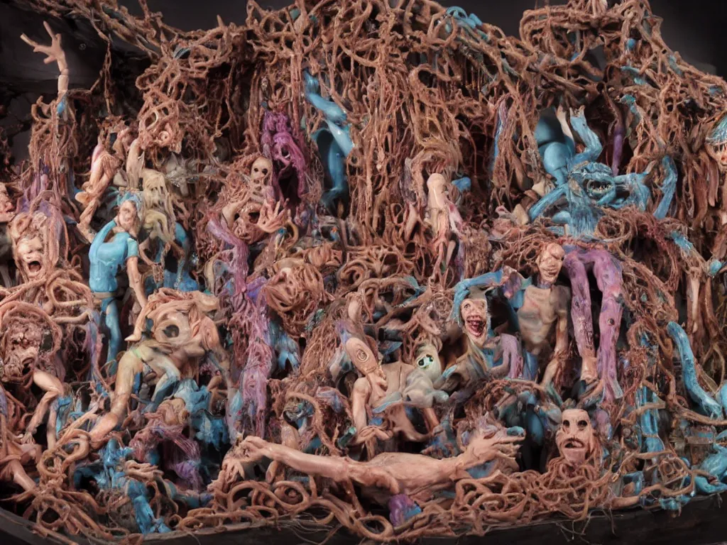 Prompt: diorama of the raft of the medusa as an animatronic schlock body horror comedy film, fun, animatronic figures, Sally Corporation, Garner Holt, Chris Walas, Rick Baker, Rob Bottin, Alec Gillis, Tom Woodruff Jr, Tom Savini, Stan Winston, lurid, vivid colors, neon lights, rubber latex, plastic, realistic materials, fleshy, Cronenberg, daylight, photo real, wet, slimy, wide angle, rule of thirds, 28mm, 1984, Eastman EXR 50D 5245/7245