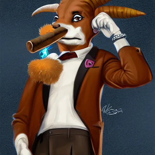 Prompt: award winning character art commission of an anthro furry humanoid goat smoking a cigar, three piece suit, character concept design, painting, detailed, vivid, trending on artstation