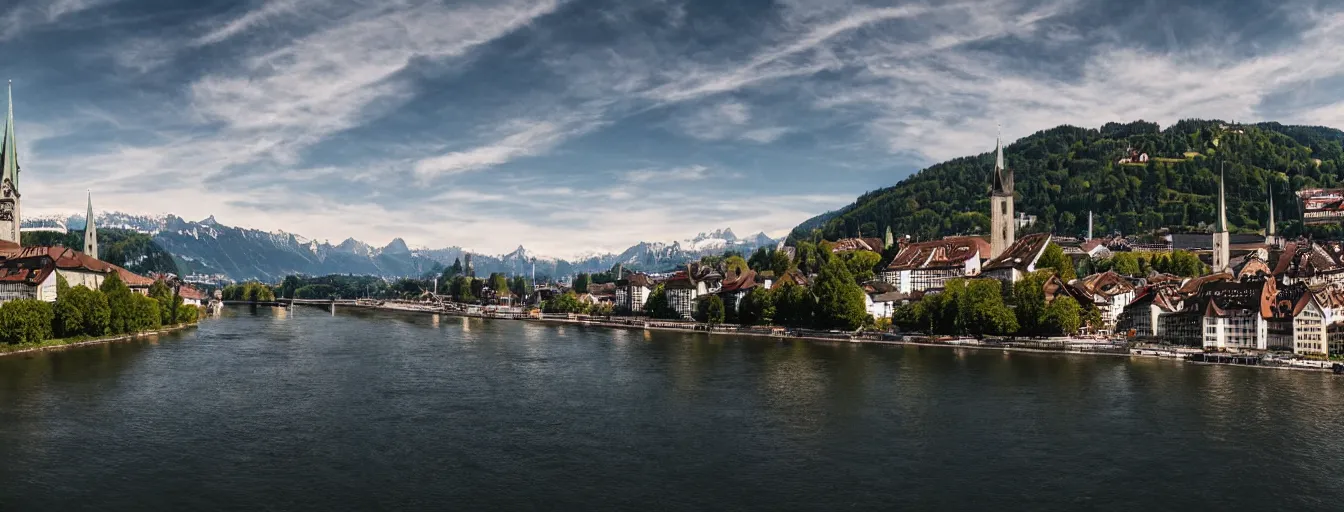 Image similar to Photo of Zurich, looking down the river at the lake and the alps, Hardturm, Grossmünster, wide angle, volumetric light, hyperdetailed, mountain water, artstation, cgsociety, 8k