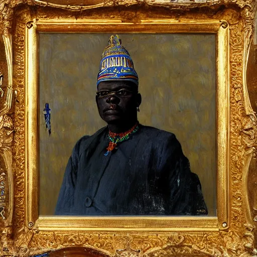 Prompt: portrait of king of dahomey outside, 1905, brightly coloured oil on canvas, by ilya repin