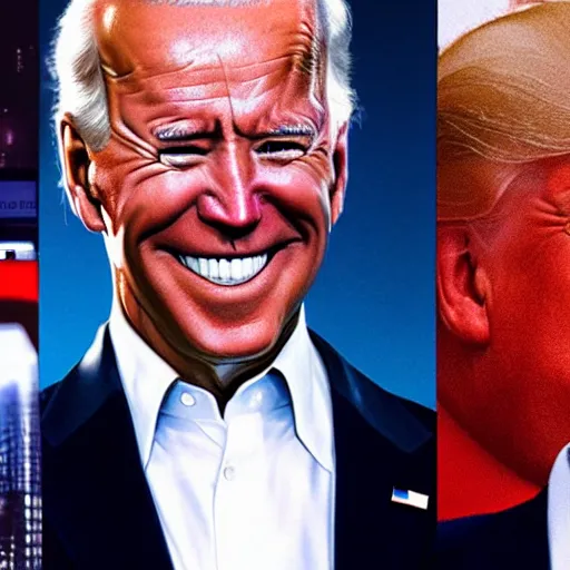 Image similar to joe biden is a terminator shooting donald trump, cinematic, establishing shot, extremly high detail, photorealistic, cinematic lighting, style by James Gurney