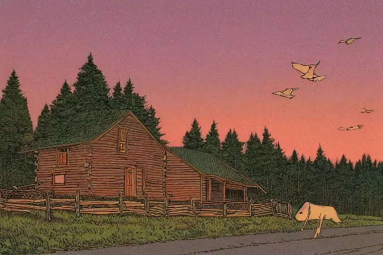 Image similar to country road cabin goose by moebius