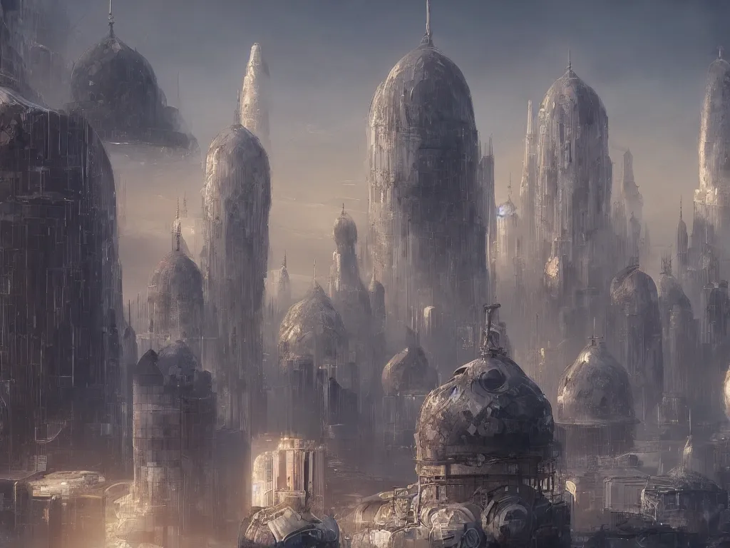 Image similar to nacreous opalescence of the imperial russian cyberpunk citadel, black domes and radio spires and tall soviet tower blocks, featured on artstation beautiful concept art