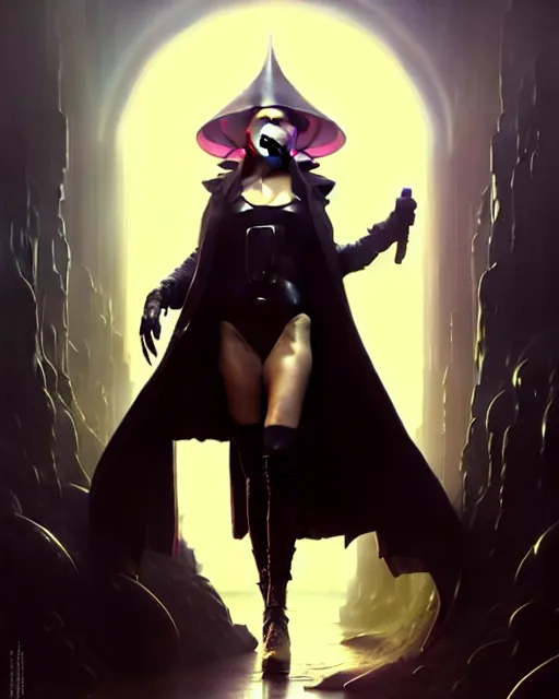 Image similar to beautiful fantasy character portrait, natalie portman, wearing oversized black trench coat, ultra realistic, wide angle, dramatic lighting, vultures,, cyberpunk artifacts, highly detailed by peter mohrbacher, hajime sorayama, wayne barlowe, boris vallejo, aaron horkey, gaston bussiere, craig mullins