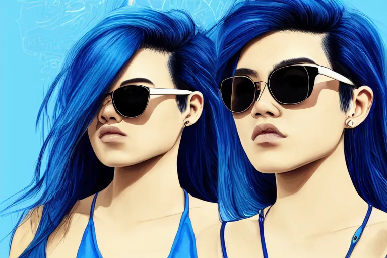 Image similar to 8k UHD, high detailed, Digital drawing, Randy Bishop art style : (subject = girl wearing Ray bans shades, photo realistic, high symmetry + subject detail= beautiful, Asian, blue hair, high detailed, symmetric facial features)