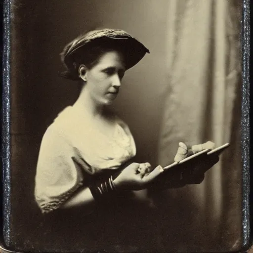 Image similar to Woman in 1910 using an iPhone, daguerreotype photo, HD