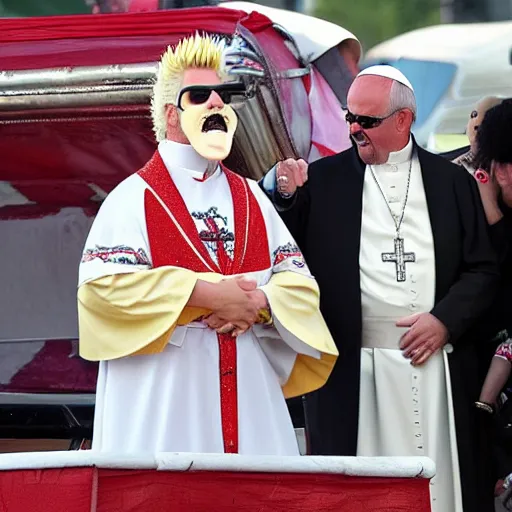 Image similar to guy fieri dressed as the pope, standing on a horse, the horse is staring at him, the crowd is filled with muppets, award winning photo,