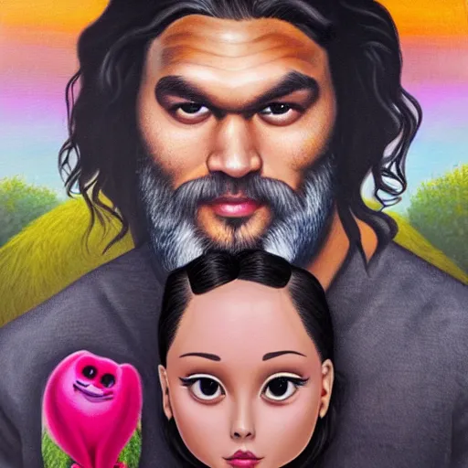 Image similar to ariana grande and jason momoa on a tandem, lowbrow painting by mark ryden