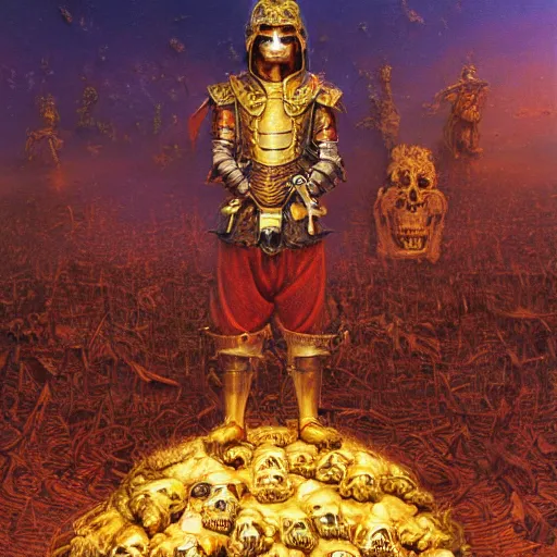 Image similar to anthropomorphic shiba inu, wearing gold armor, standing on pile of skulls, graveyard of skulls, fantasy 3 d render, masterpiece, glowing red light aura, by donato giancola and greg rutkowski and wayne barlow and zdzisław beksinski, realistic face