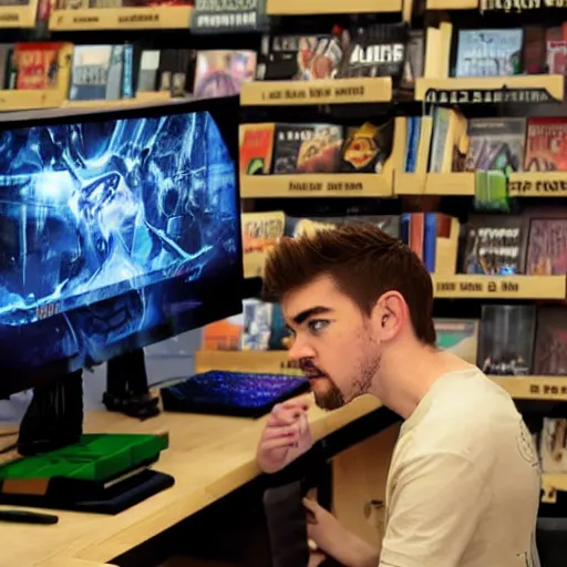 Image similar to jacksepticeye playing a video game in a bookstore