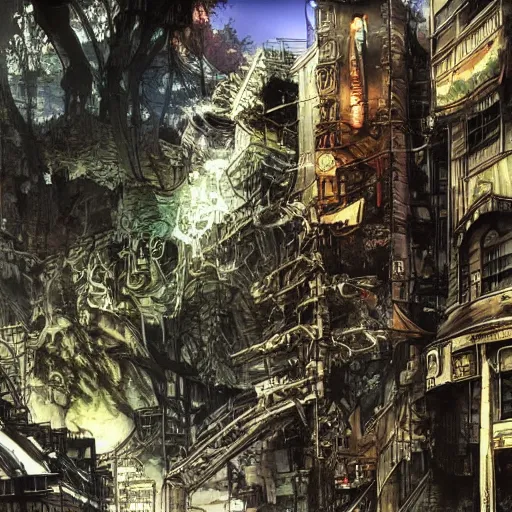 Prompt: incredible thomas kincaid landscape eldritch secret by yoji shinkawa apophasis