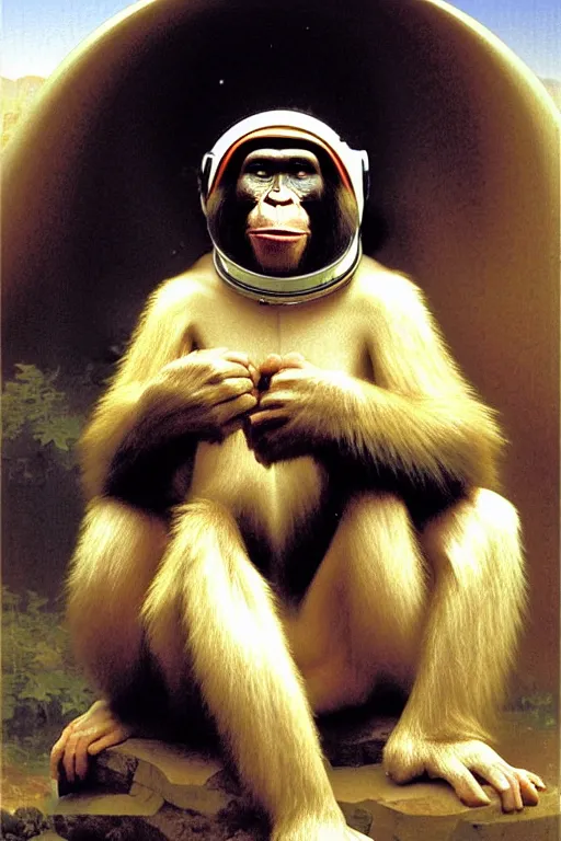 Image similar to portrait of one ape in astronaut helmet, by bouguereau