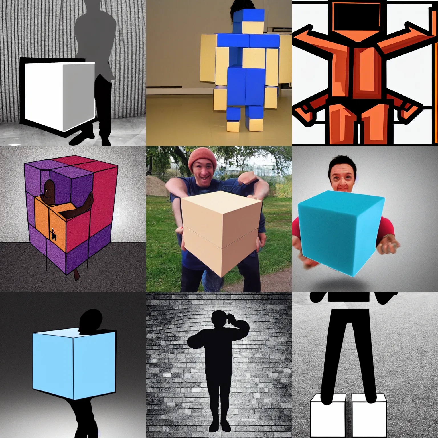 Prompt: a human being in the shape of a cube