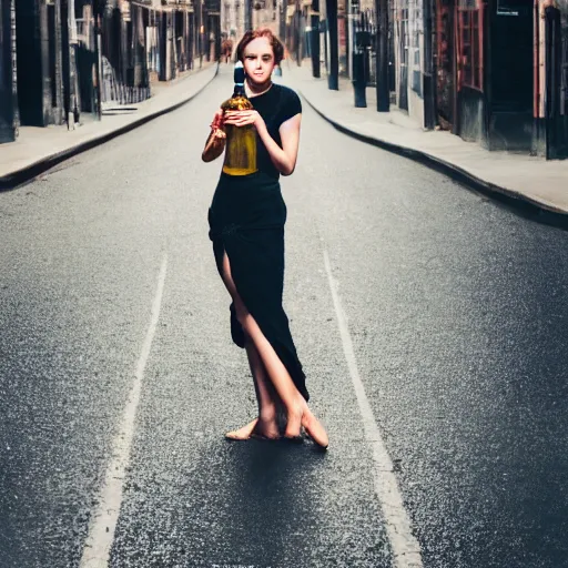 Image similar to photograph of woman holding a bottle in street, fashion shoot, award winning, kodak, 4 k, realistic intricate detail, hyper detail, woman very tired, full body potrait holding bottle, hazel green eyes, realistic, highlydetailed, natural, masterpiece, sharp focus, jennysaville