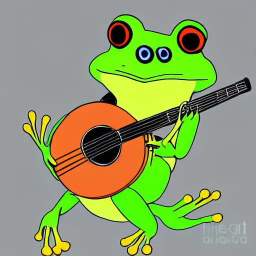 Image similar to cute anthro anime frog playing the banjo, digital art