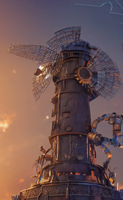 Image similar to a steampunk windmill, zoomed in, spinning fast, robot, blue fire, electricity lightning, concept art, sharp focus, intricate details, very high details, photorealistic, disney pixar, octane render, iridescent, anime, 8 k