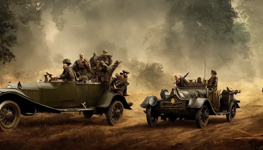 Image similar to british army driving a car in 1921 in kerala forest road, tribe members attacking, action scene, an epic fantasy, dramatic lighting, cinematic, establishing shot, extremely high detail, photorealistic, cinematic lighting, artstation, by christopher nolan, horizon forbidden west