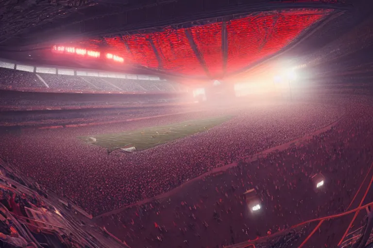 Prompt: detailed intricate digital illustration by greg rutkowski and artgerm and wlop and sanford robinson gifford ; on the field of a modern stadium full of 3 0 0 thousand people, bright stadium lights, night, open roof ; 1 3 mm film, arri alfa anamorphic lens, fisheye wide angle ; sharp focus ; trending on artstation 8 k