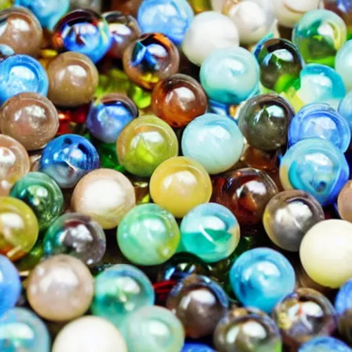 Prompt: a table full of tightly packed glass marbles with one glass eyeball