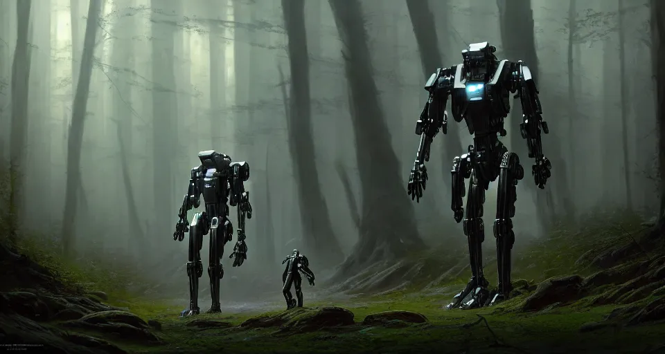 Image similar to hyper realistic sci - fi matte concept art painting of mecha walking through an alien forest, beautiful details, strong composition painted by kim jung guweta studio rutkowski, james gurney and greg rutkowski, and lucasfilm, smooth, intricate, detailed, sharp focus, cinematic