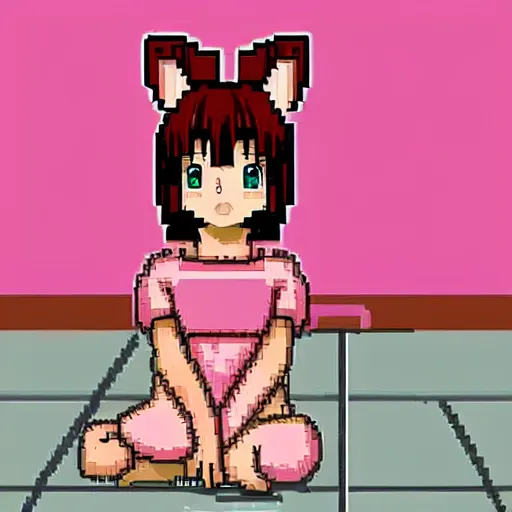 Image similar to advanced digital anime pixelart , girl wearing a pink bunny pajama laying on the floor. —H 128 —W 128