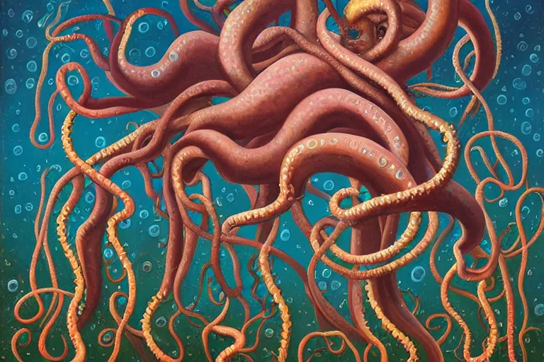 Prompt: a painting of a group of people surrounded by tentacles, a surrealist painting by clark voorhees, cg society, pop surrealism, lovecraftian, cosmic horror, surrealist