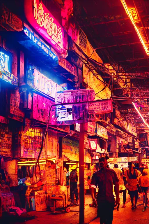 Image similar to cyberpunk black indian market, indoor, full of neon lights, crowded with cyborgs buying hi - tech drugs, photorealistic, 3 5 mm, grainy ruined film, dark color scheme, in the style of blade runner