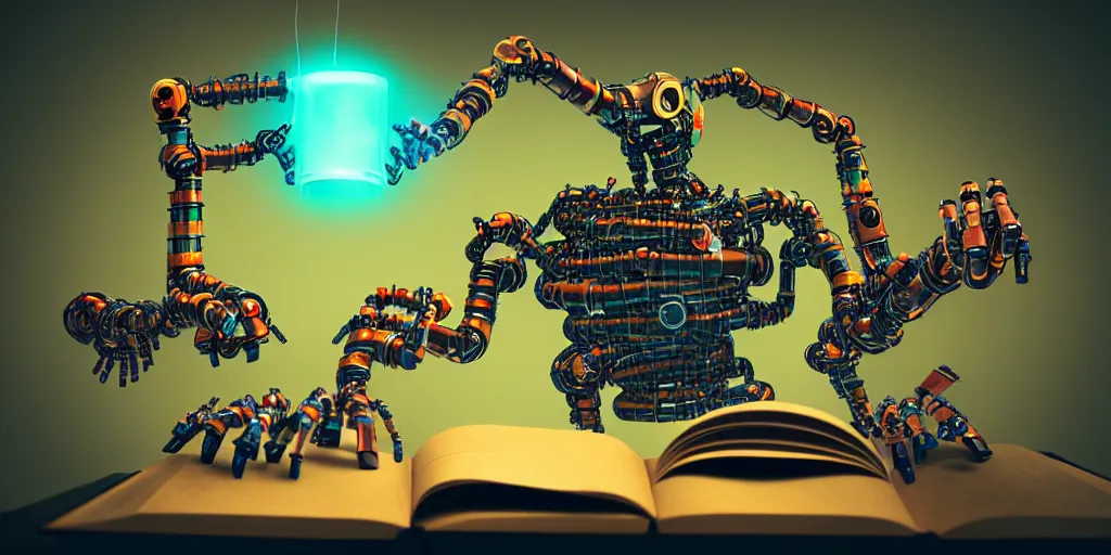 Image similar to A frightening multi armed evil robot devouring books with pipes and tubes and pages floating down, hyperealistic very colourful hdr cinematic lighting cgi render photorealistic cinematic octane render