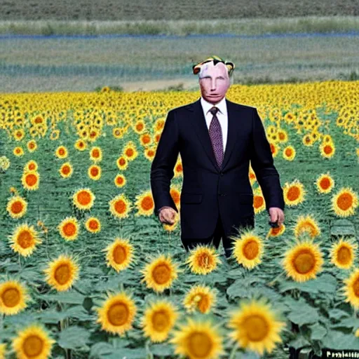 Prompt: Putin standing among a burning field of sunflowers,