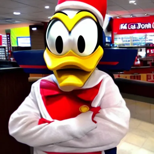 Prompt: donald duck working at kfc