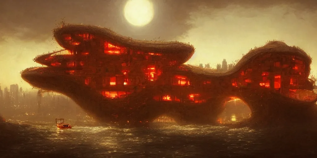 Image similar to An epic architectural rendering of a blob shaped trypophobia house with a mysterious red glow emitting from inside in a modern cityscape next to a river, by Martin Johnson Heade and Greg Rutkowski, stunning, gorgeous, golden ratio, photorealistic, featured on artstation, 4k resolution