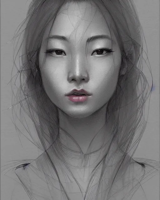 Prompt: a beautiful hyperrealistic portrait pencil sketch from a picture, of a Chinese nubile with stoic attitude by Peter Mohrbacher, technical drawing, blueprint diagram, trending on artstation