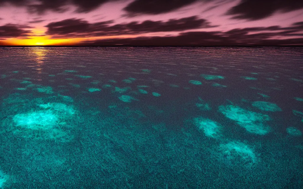 Prompt: bioluminescent - hour sunset photo in the paradigm sewerscapes, a dark cavernous liminal space with calm pools of reflective blackwater, 8 k photoengine