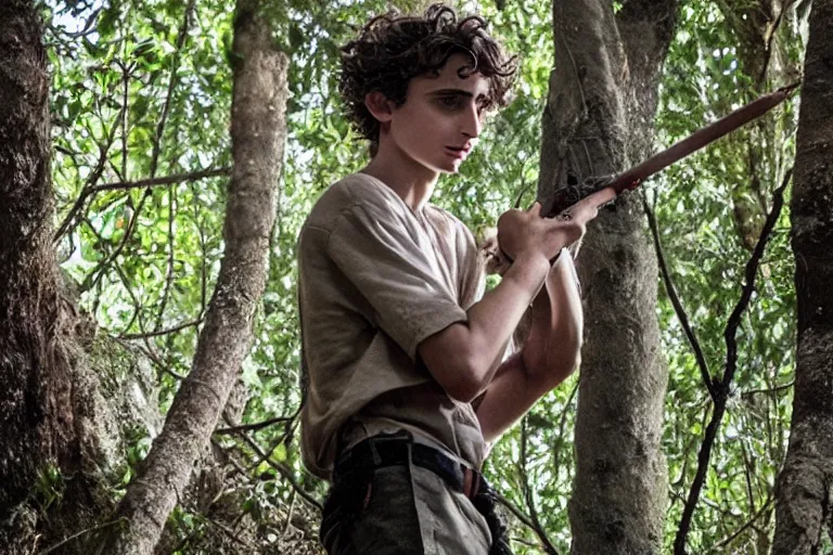 Prompt: timothee chalamet plays ralph in the live action adaptation of lord of the flies, red weapon 8 k s 3 5, cooke anamorphic / i lenses, highly detailed, cinematic lighting