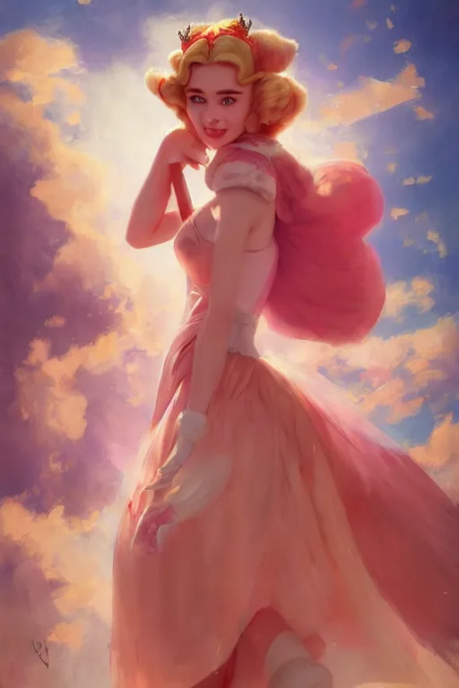 Prompt: Emilia Clarke as the princess peach by Gil Elvgren Stanley Artgerm Lau, WLOP, James Jean, Andrei Riabovitchev, Marc Simonetti, Yoshitaka Amano, ArtStation, CGSociety, cinematic lighting, god ray, starlit shining eyes